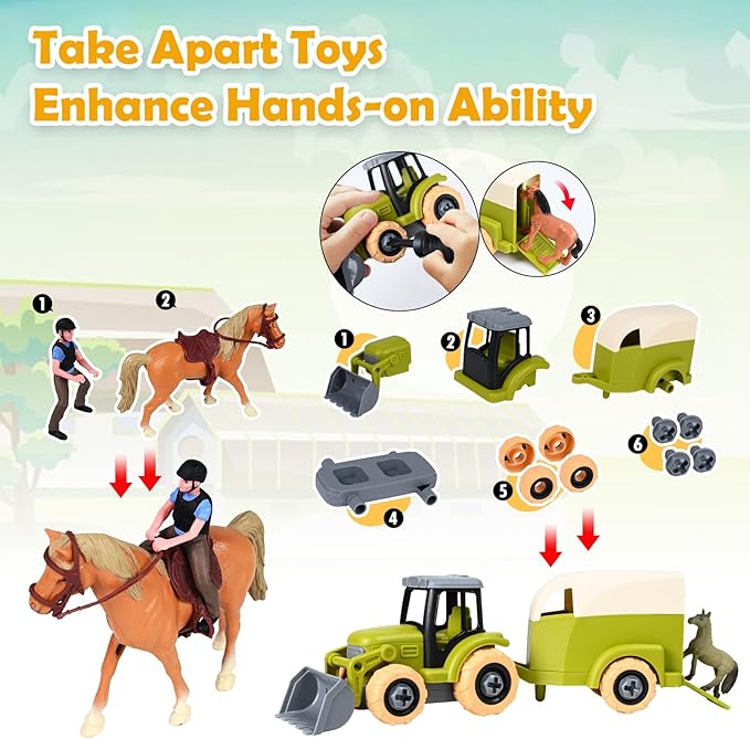 Sensory Bin - Horse Stable Playset Play Sand for Kids,Sandbox with Cover, 1.7 LB Magnetic Sand，Tractor and Stable, Rider and Horse,Rock Painting Kit,Sensory Toys for Autism 3 4 5 6 7 8 Year and Up