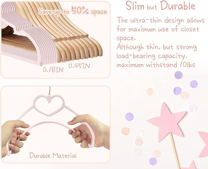 Pink Heart Velvet Baby Hangers - 50pack 13inch Toddler Hangers with 20pcs Clips, Premium Velvet Strong and Durable Baby Clothes Hangers Without Slipping, Ultra Slim and Stackable Space Saving