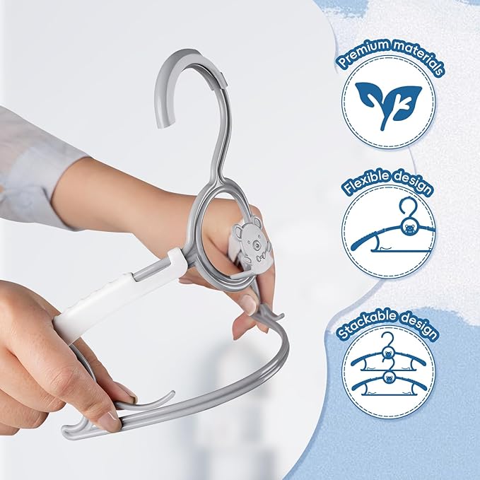 Baby Hangers 60 Pack Kids Hangers-Extendable Adjustable Non-Slip Plastic Kid Hangers for Closet，Stackable Baby Clothes Hangers for Toddler Kids Children Infant Teen,Grey Bear Toddler Hangers