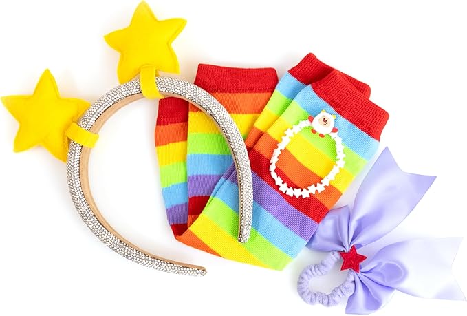 Rainbow Brite 6-Piece Set with adjustable Plush Backpack, Sparkle Star Headband, Rainbow Arm Warmers, Purple Bow Hair Tie, Sprite Bracelet. One size/Adults, Kids. Great for costumes, cosplay, dress up