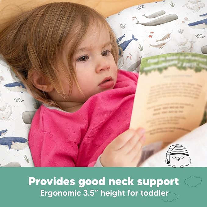 Toddler Pillow with Pillowcase - 13x18 My Little Dreamy Pillow, Organic Cotton Toddler Pillows for Sleeping, Kids Pillow, Travel Pillows, Mini Pillow, Nursery Pillow, Toddler Bed Pillow (Marine)