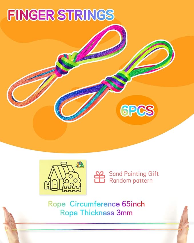 SONGTIY 6PCS Cats Cradle String, 65 Inch Long Rainbow Colourful Finger Rope, Chinese Finger String Games Toy for Kids, Adults, Children's Day, with A Sand Painting