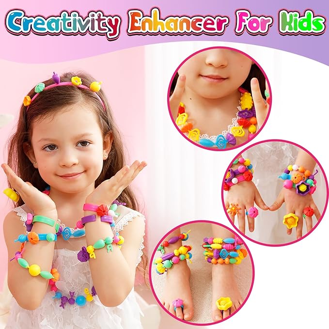 FUNZBO 850pcs Pop Beads - Jewelry Making Kit for 3 4 5 6 7 8 Year Old Little Girls, Arts and Crafts Toys for Kids, Necklace Bracelet Ring Hairband Creativity Snap Set Easter Holidays Birthday Gifts