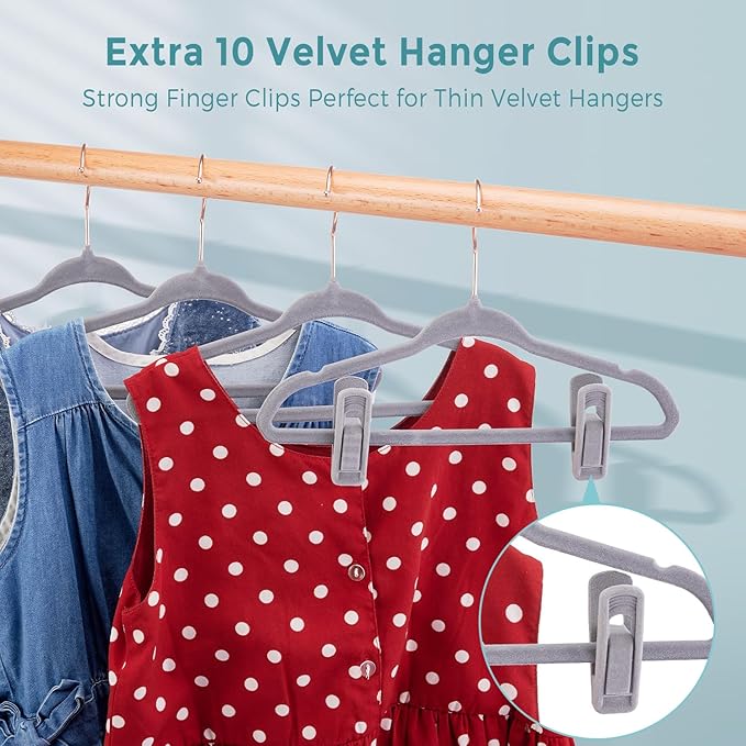 Baby Velvet Hangers 30Pack - 11 Inch Non-Slip Kids Hangers for Clothes - Small Toddler Child Hangers Durable for Every Use - 10 Hanger Clips Included, Gray