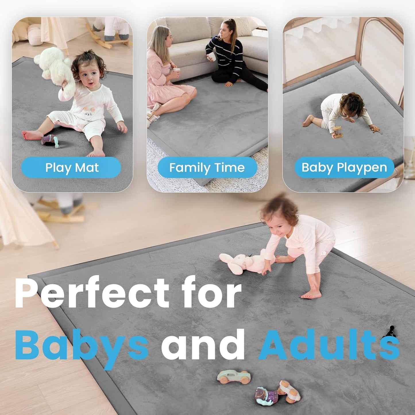 1.3" Thick Baby Play Mat,Ultra Soft Elasti-Foam 50×50 Playpen Mat for Tummy Time,Water-Repellent Coral Fleece Nursery Rug for Infants,Toddlers,Kids,Non-Slip Safe for Crawling(Dark Grey)