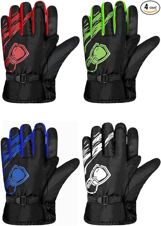Yaomiao 4 Pairs Kids Winter Long Gloves Waterproof Children Long Cuff Snow Mittens Windproof Ski Gloves for Outdoor