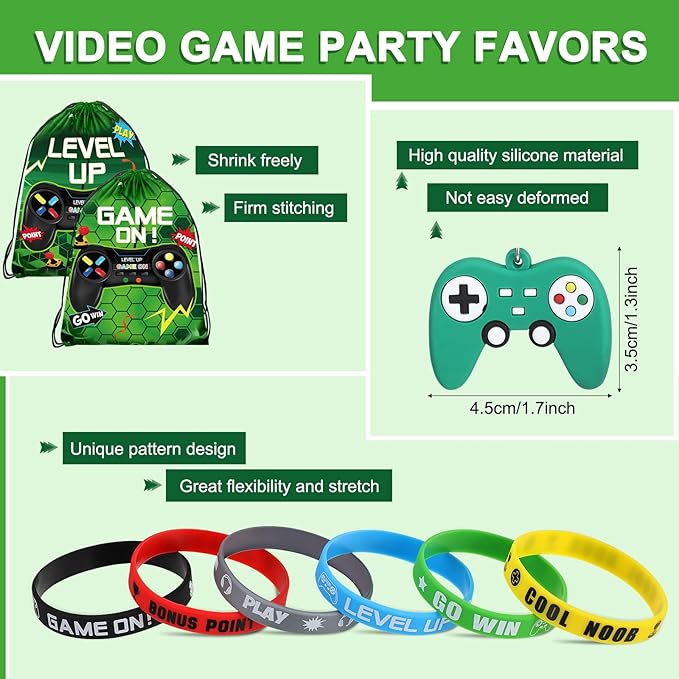 Nosiny 72PCS Video Game Party Favors Birthday Include 24 Video Game Goodie Drawstring Bags 24 Silicone Bracelet 24 Controller Keychain for Kids for Party Supplies (Green, Vivid)