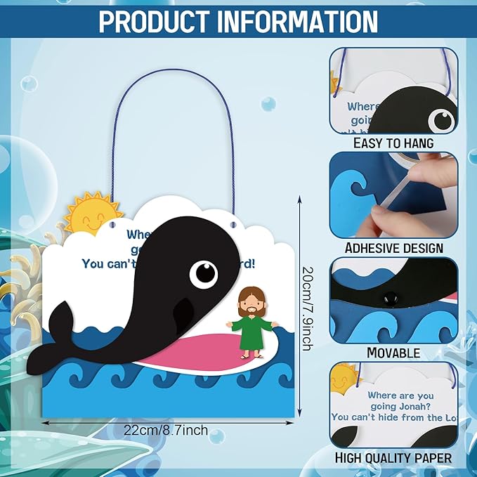 Wenqik 24 Pcs Jonah and The Whale Craft Kit DIY Christian Sunday School Crafts Jonah and The Whale Decorations Make Your Own Jonah and The Whale Set for Kids Classroom Fun Activities Art Supplies
