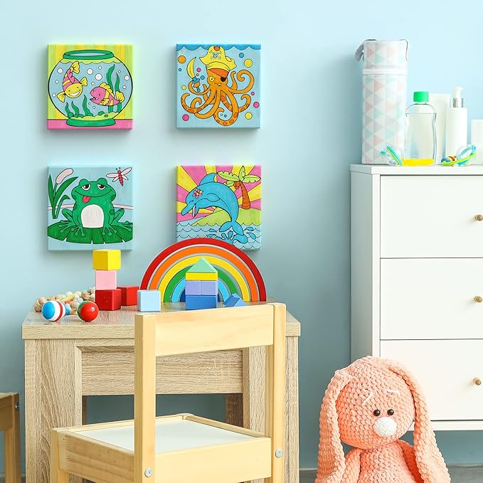 ARTEZA Kids Water Creatures Painting Kit, 4 Canvases 8 x 8 Inches, 24 Acrylic Paints, 4 Paint Brushes, 4 Palettes, Kids Activities Ages 6 and Up