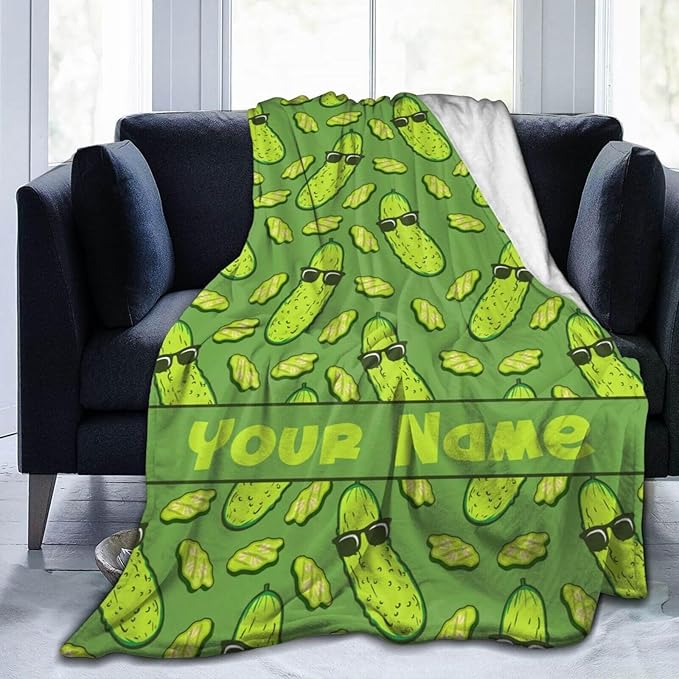 Custom Pickle Blanket with Name for Boys Girls, Personalized Cute Pickle Themed Design Printed Throw Blankets for Kids Lap, Chair, Giftable Blanket, 30"x 40"