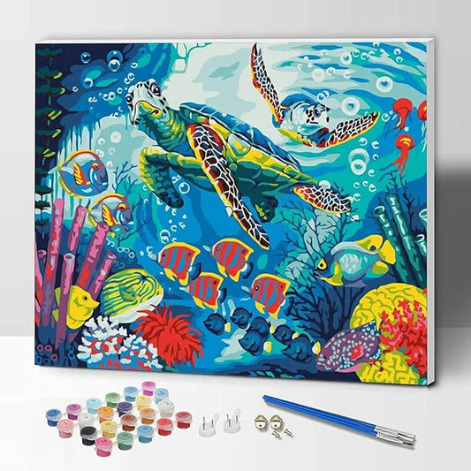 Paint by Number Kits for Adults,Kids, Beginners, with Brushes and Acrylic Pigment, 16x12 Inch Tortoise - with Framed