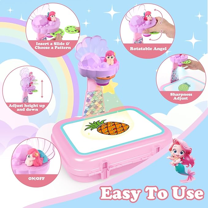Drawing Projector for Kids,Arts and Crafts for Kids,Include Drawing Board,Crayons,Coloring Book,Stickers etc,Kids Toys for Age 3-5 Year Old Girls Christmas & Birthday Gifts (Mermaid Drawing Box)