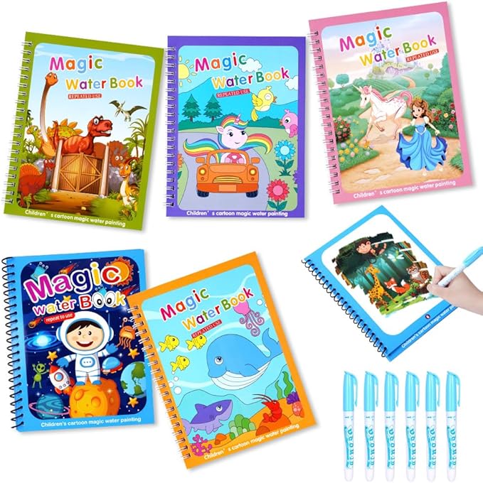 OSDUE 6 Pack Water Coloring Book for Toddler, Water Painting Book for Toddlers, Paint with Water Books, Educational Learning Doodle Toy, Reusable No-Mess Art Book Travel Toys & Xmas Gift for Kids