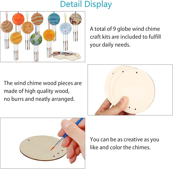 Fennoral 9 Pack Wind Chime Kit for Kids Make You Own Ball Wind Chimes DIY Paint Wooden Art and Craft for Girls Boys Ball Craft for Art Activities Brthday Party Supplies