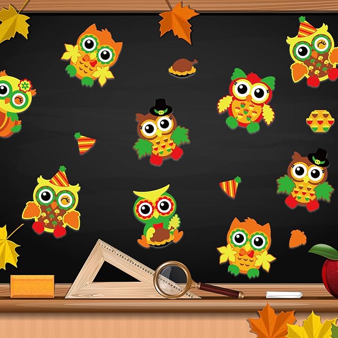 chiazllta 30 Packs Thanksgiving Fall Craft for Kids Thanksgiving Owl DIY Art Craft with Fall Autumn Leaves Pumpkins Stickers Make Your Own Owl Set for Kindergarten Home Class Game Activities