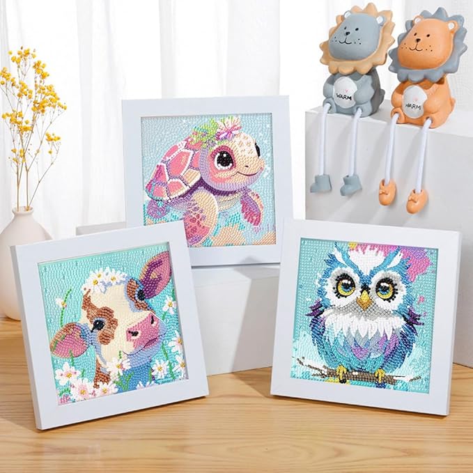 FQOVKYN 4 Packs 5D Cartoon Diamond Art Kits for Kids, Cute Animals DIY Diamond Arts Mosaic Kits for Adults Beginner, Full Round Drill Gem Art for Home Wall Decor Kids Present 6X6 inch