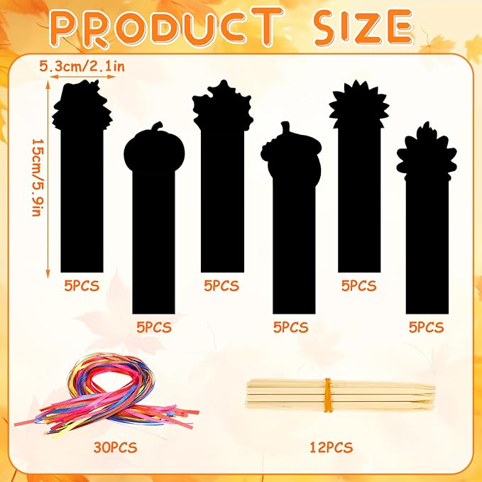 JUNEBRUSHS 30Pcs Fall Scratch Bookmarks, Rainbow Magic Scratch Paper Art Hello Fall Autumn Leaves Pumpkin Turkey DIY Crafts Kit for School Classroom Activity Thanksgiving Party Favor