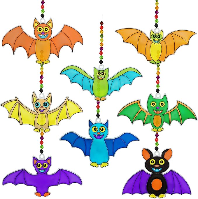 Winlyn 24 Sets Halloween Bat Suncatchers Ornaments Halloween Decorations DIY Window Paint Art Suncatchers Halloween Craft Kits Suncatchers Painting Kits for Kids Activities Classroom Art Project