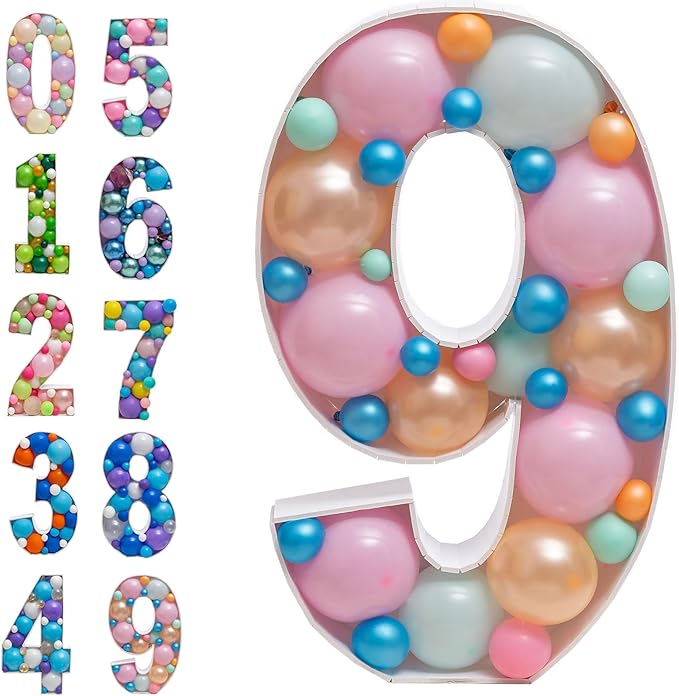 Mosaic Balloon Numbers Frame Light Up Numbers 9 Pre-Cut Large Foam Board Sign Cut-out for Boy Girl Birthday Backdrop Anniversary Decoration