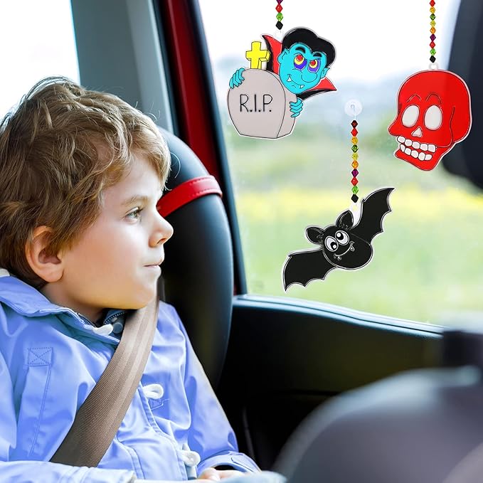 Winlyn 27 Sets Halloween Suncatchers Ornaments Decorations DIY Window Paint Art Suncatchers Halloween Craft Kits Jack-O'-Lantern Bat Ghost Skull Sun Catchers for Kids Classroom Activities Art Project