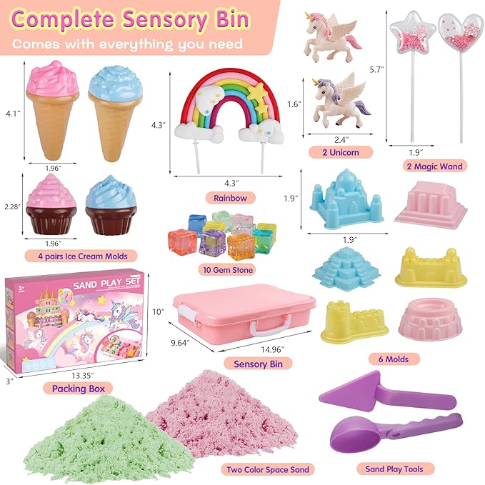 Unicorn Sensory Sand Kit for Girls Ages 3-8 – 2.2lbs Colorful Play Sand, Unicorn Toys, Castle & Ice Cream Molds, Tools & Sandbox with Lid – Great Christmas & Birthday Magic Sand Gift for Toddlers 3-5