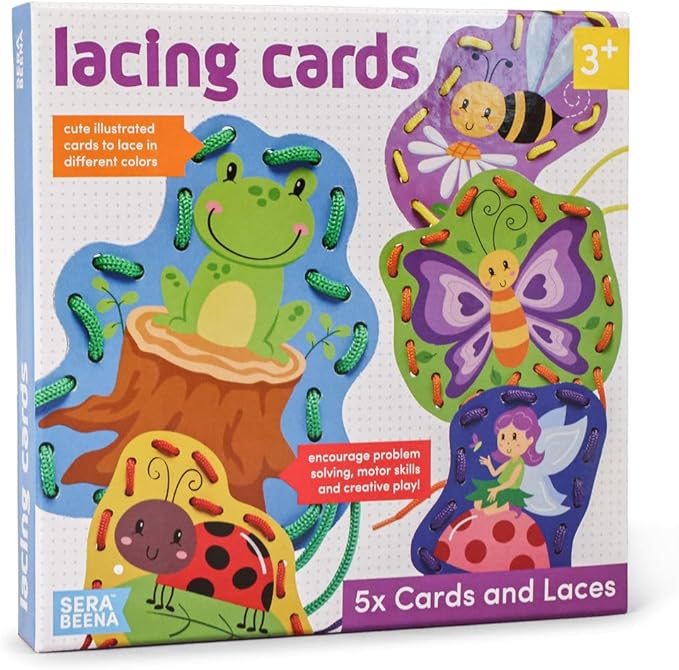 Serabeena Fairy Kids Lacing Cards - Colorful Lacing Cards for Kids Ages 3-5 Plus - Lace Up Sewing Cards - Develops Hand-Eye Coordination & Fine Motor Skills - 5 Sewing Animals for Kids with Laces