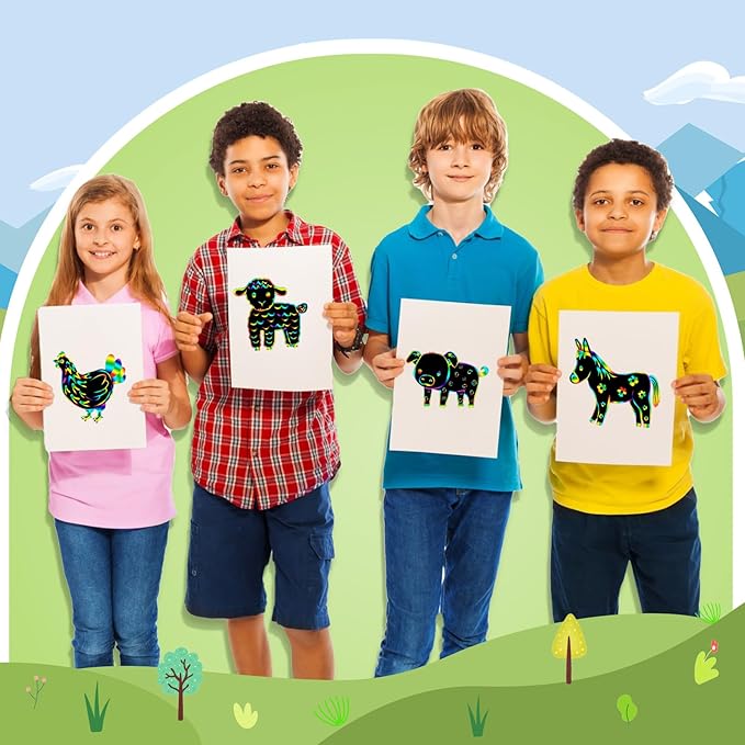 RoundFunny 80 Pcs Farm Animal Scratch Cards Farmhouse Crafts for Kids Colorful Scratch Paper Scratch Off Paper for DIY Art Kit with 80 Pcs Stick and Ribbon for Party Ornaments Favors