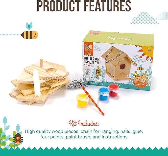 Beetle & Bee Build A Bird Bungalow - DIY Kid Art Craft Outdoor Birdhouse Kit, House Painting Kit for Kids, Hardware Glue Included- 4 Paints, 1 Brush, 7 Wooden Pcs, Chain For Tree Hanging Age 5+