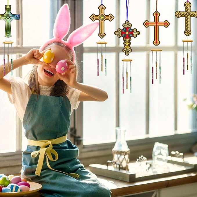Fennoral 9 Pack Cross Wind Chime Kit for Kids Make You Own Easter Cross Wind Chimes DIY Wooden Crafts to Paint for Art Activities Easter Decoration Birthday Gift