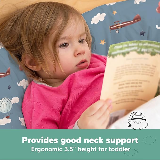 Toddler Pillow with Pillowcase - 13x18 My Little Dreamy Pillow, Organic Cotton Toddler Pillows for Sleeping, Kids Pillow, Travel Pillows, Mini Pillow, Nursery Pillow, Toddler Bed Pillow (Up & Away)