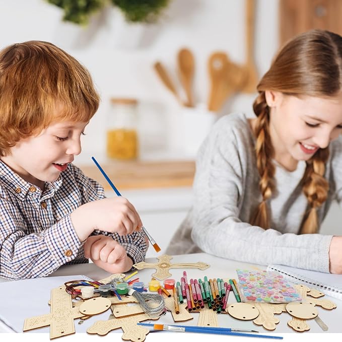 Fennoral 9 Pack Cross Wind Chime Kit for Kids Make You Own Sunday School Craft for Girls Boys DIY Coloring Wooden Christian Crafts for Religious Art Party Decoration Birthday Gift