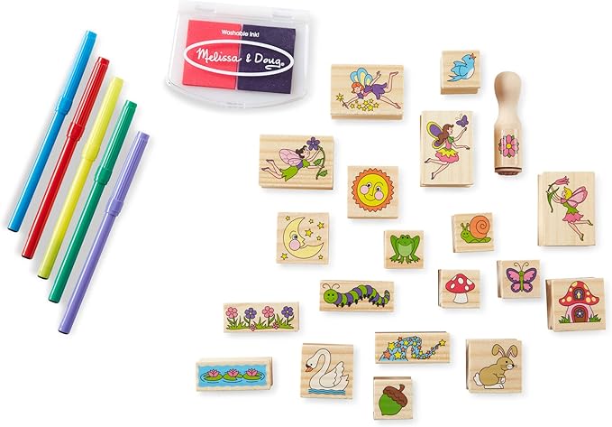 Melissa & Doug Stamp-a-Scene Stamp Pad: Fairy Garden - 20 Wooden Stamps, 5 Colored Pencils, and 2-Color Stamp Pad