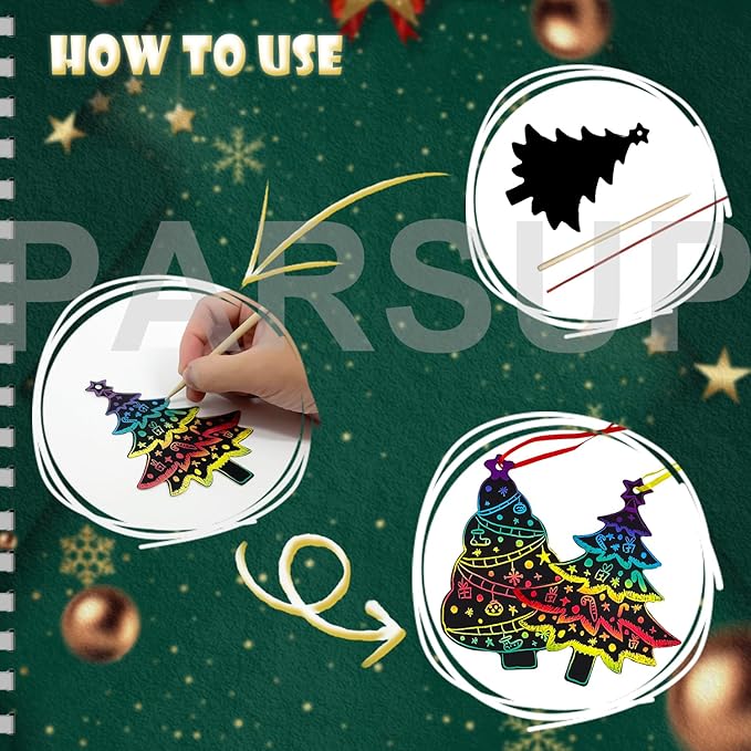 PARSUP 144Pcs Christmas Tree Scratch Paper Rainbow Color Scratch Ornaments Christmas Decorations Hanging Craft Art Kits with Wooden Stick and Ribbon for Kids Christmas Winter Party Favors