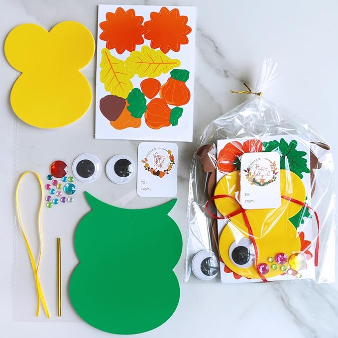 Winlyn 24 Sets Fall Craft Kits Autumn Crafts DIY Fall Owl Ornaments Decorations Art Sets Maple Leaves Pumpkin Foam Stickers Arts and Crafts for Kids Classroom Activities Holiday Harvest Party Favors