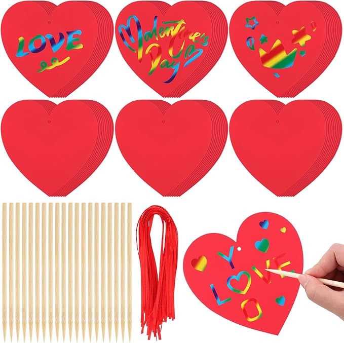 Liliful 60 Set Valentine's Day Craft for Kids Classroom Art Paper Scratch Off Valentine Cards Red Heart Shaped Magic Scratch Valentines Crafts for Kids Preschool