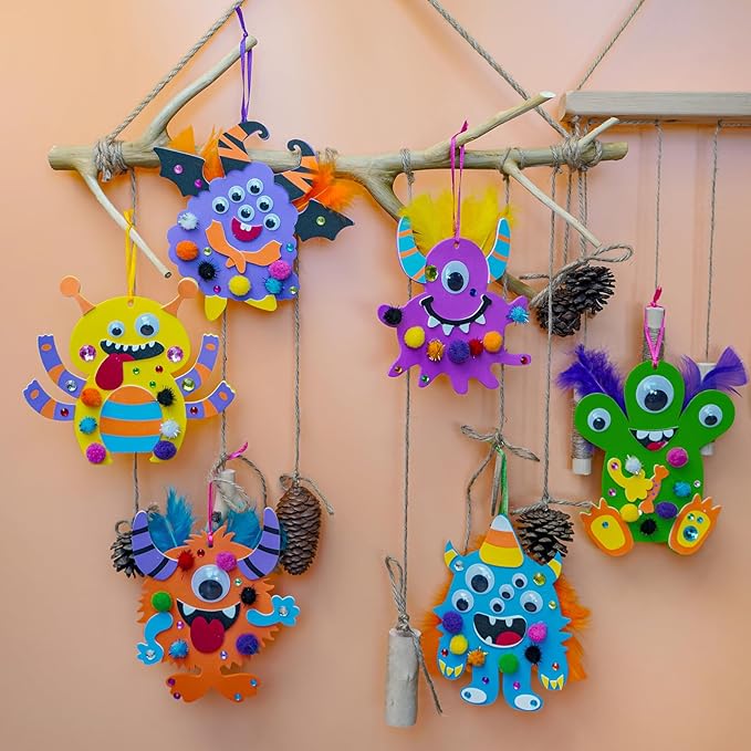 Winlyn 24 Sets Halloween Craft Kits Fall Kids Crafts DIY Monster Ornaments Decorations Art Sets Foam Halloween Monster Stickers Googly Eyes for Kids Autumn Halloween Classroom Party Activities