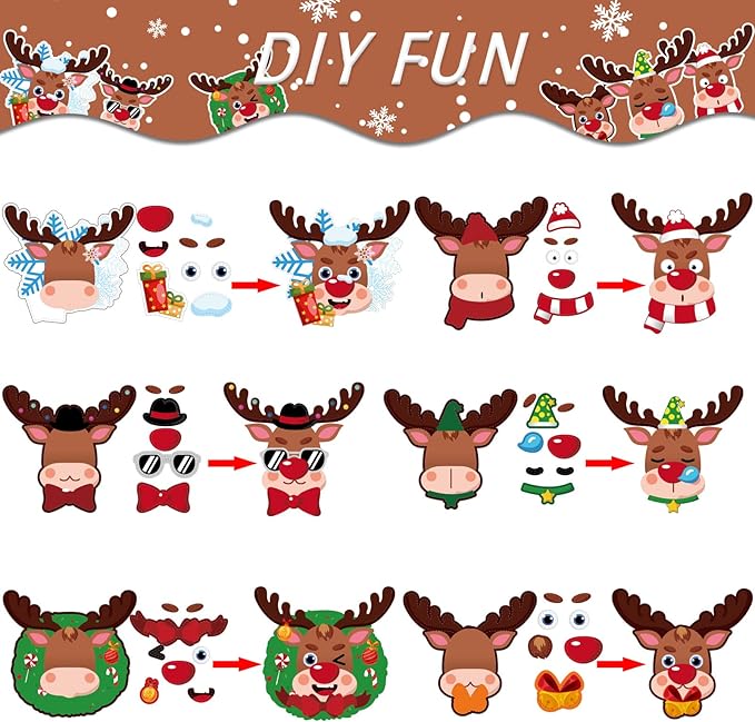 DIY Christmas Reindeer Tree Ornament Craft Kit for Kids Holiday Art Making Craft with Stickers, Make Your Own Xmas Reindeer Christmas Favor Decoration Home Classroom Party Game Activities