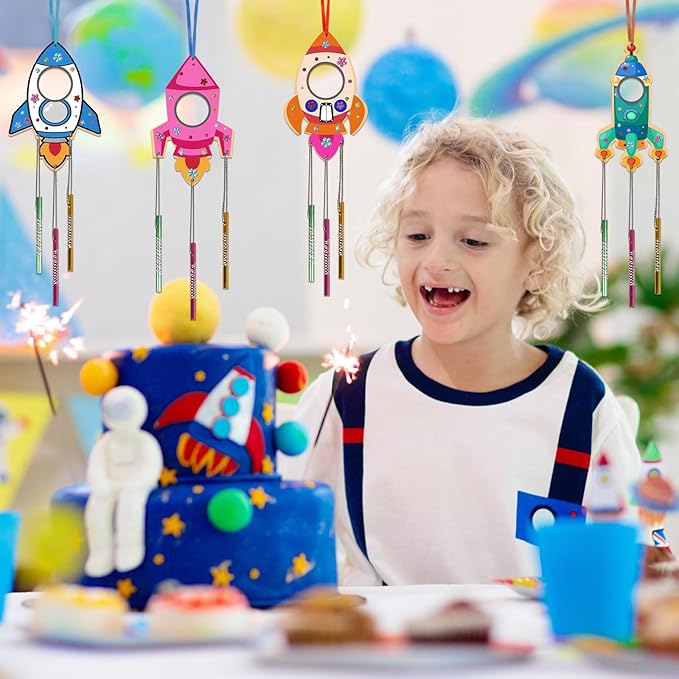 Fennoral 12 Pack Wind Chime Kit for Kids Make Your Own Rockets Wind Chime Craft Wooden Arts and Crafts for Girls Boys DIY Coloring Rockets for Art Activity Birthday Party Decoration