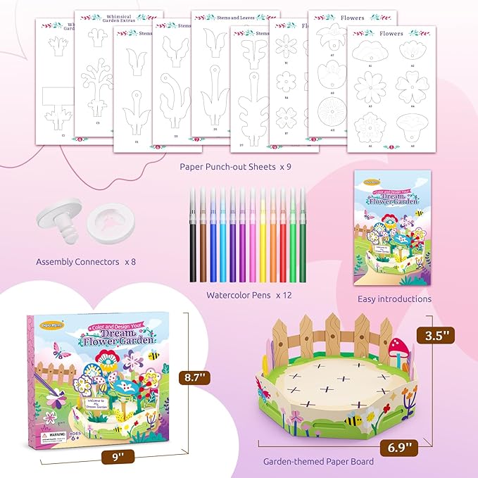Drama Planet Arts and Crafts for Kids, Color and Design Your Dream Flower Garden, Flowers Building Kit, Painting Set, Assemble Personalized Flowers, Perfect DIY Gift for Girls and Boys