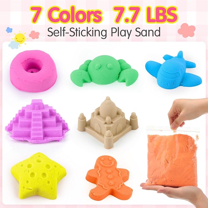 Simgoing 7.7LB Sand Kits for Kids Sensory Sand Toy with Sensory Bin and Sand Shovel for Sandbox Sensory Sand Bulk for Girls and Boys (7 Colors)