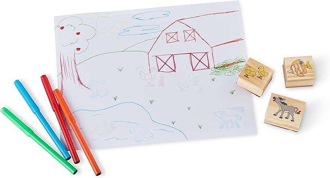 Melissa & Doug Jumbo Deluxe Wooden Stamp Set Animals (40 Stamps, 7 Markers, 3 Colored Ink Pads)