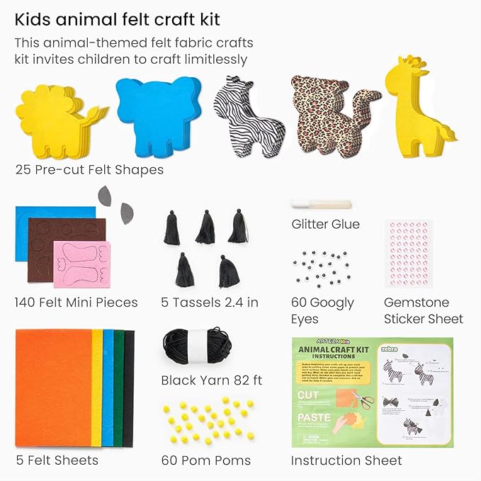 ARTEZA Kids Felt Kit, 357 Pieces, 25 Pre-Cut Animal Shapes, 5 Felt Sheets, 140 Mini-Pieces, Gemstone Stickers, Yarn, and Glue