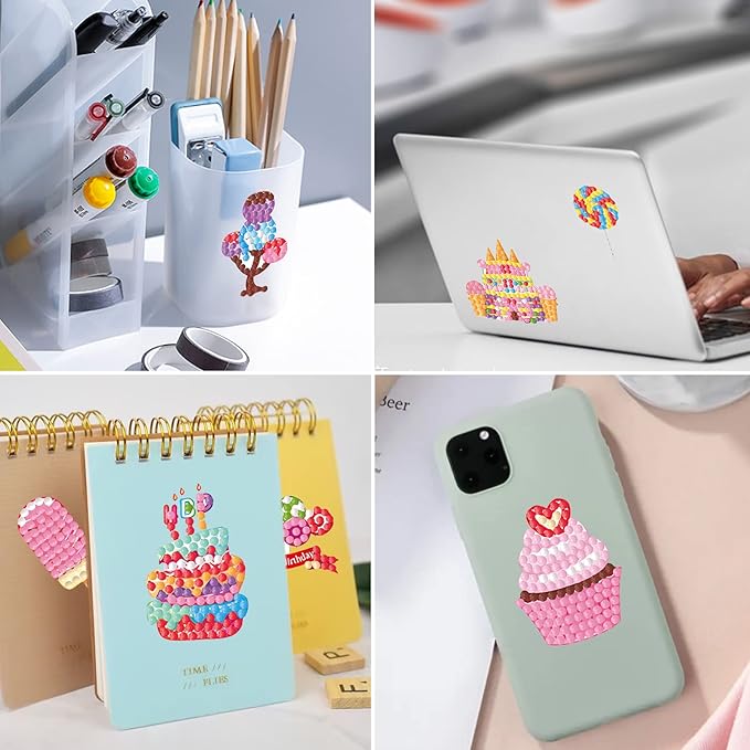 Gem Diamond Art Painting Stickers Kit for Kids,5D Diamond Mosaic Stickers by Numbers Kits Crafts Set for Children, Boys and Girls,Creative Handmade Art Craft Decorations Gift (Cake)