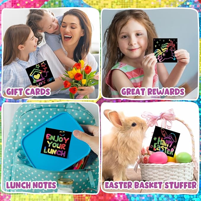 ZMLM Rainbow Scratch Art Paper Mini Note for Kids Gifts Ages 4-8 Bulk Craft Supplies for Teen Girls Boys Easter Basket Stuffers Birthday Classroom Party Games Toy Valentines Day Gift(Holographic
