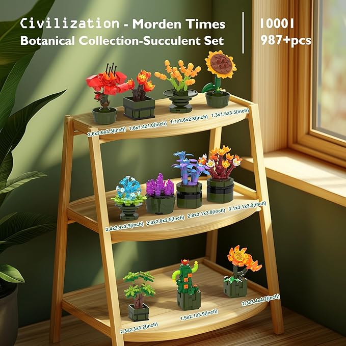 JMBricklayer Flowers Succulents Building Sets for Adults 10001, 12 Pack Tiny Plants Botanical Collection Display for Room Decor, Bonsai Flowers Building Blocks Gifts for Women Girls, Cute Succulents