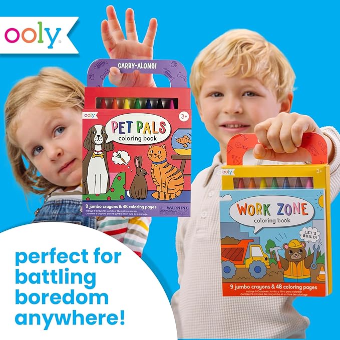 Ooly Travel Art Kit with 9 Jumbo Crayons & 48 Themed Coloring Pages & Case for Easy Traveling Art Creation, Perfect Airplane Travel Set to Entertain Kids - Pet Pals