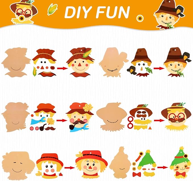Yexiya 24 Pieces Fall Scarecrow Head Craft Kits Assorted Scarecrow DIY Ornaments for Kids Art Gift Favors Autumn Thanksgiving Project Home Classroom Game Activities