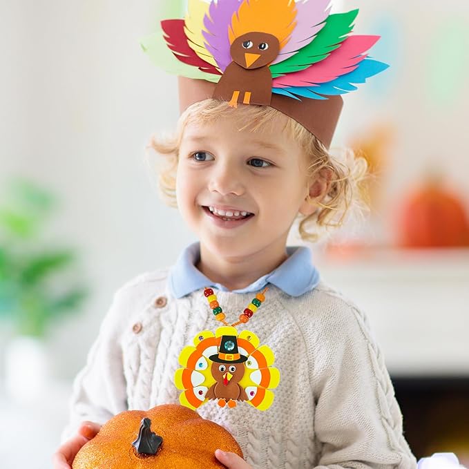 Winlyn 24 Sets Fall Craft Kits DIY Thanksgiving Turkey Necklaces Art Sets Autumn Maple Leaves Turkey Feathers Foam Thanksgiving Stickers for Kids Harvest Home Classroom Activities Party Favors
