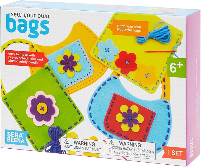 Serabeena Sew Your Own Bags - Sewing Kit for Kids - Felt Crafts for Kids - Girls Sewing Kit Ages 6-8 Plus - Felt Kit - Helps Develop Fine Motor Skills - DIY Kits for Kids with 6 Bags & Accessories