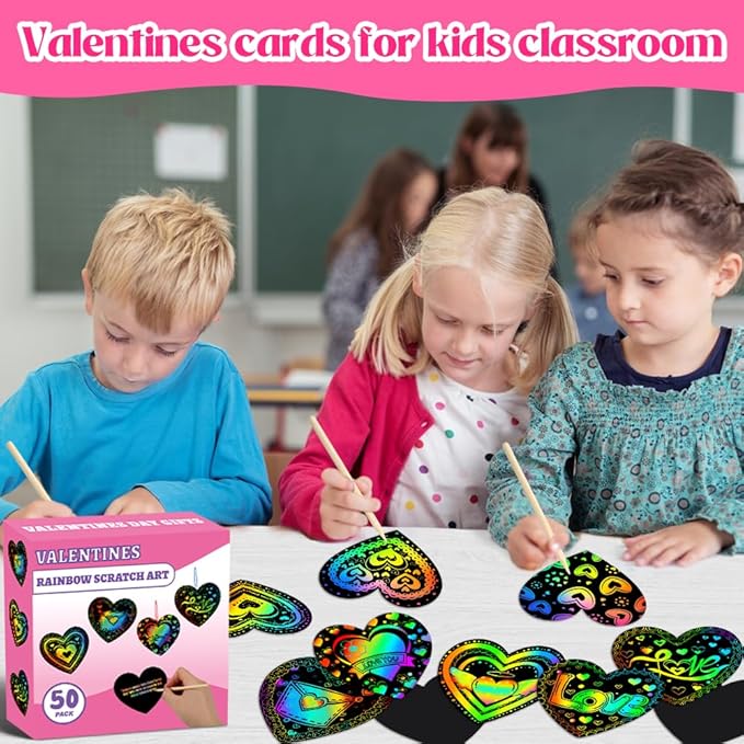MDCGFOD 50 Pack Valentines Day Gifts for Kids, Rainbow Scratch Heart Crads Valentine Crafts for Kids - Create Magic Color Scratch Art for School Classroom Exchange Prizes Valentines Party Favors